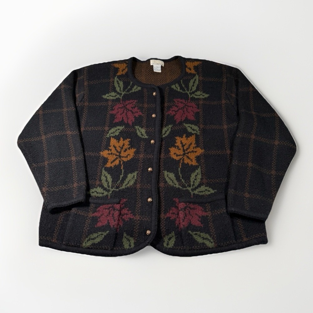Vintage KB Collections Fall Leaves Button Up‎ Sweater Women's Large Brown